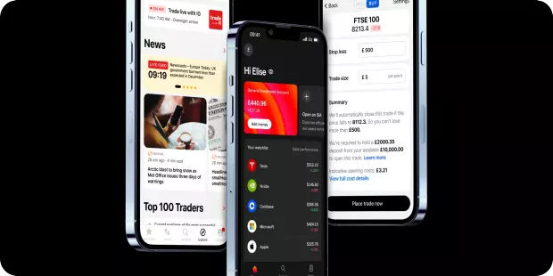 Three smartphones display the trading app, showing financial news, a user's investment portfolio, and a trade execution screen for FTSE 100